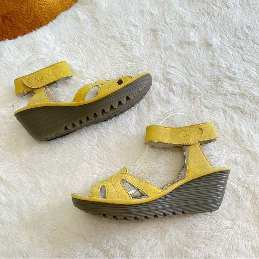 Fly London Light Yellow Leather Wedge Sandals - Picture 5 of 11